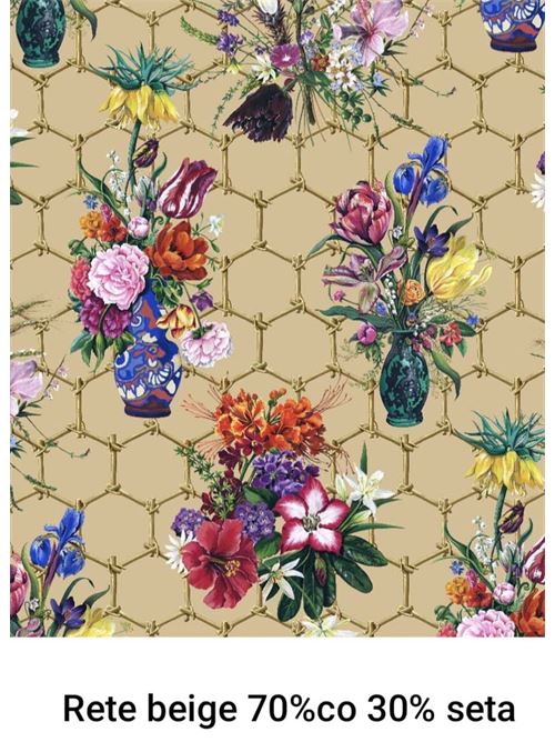 tessuto in seta e cotone stampa rete e fiori Laboratorio Capri | SETACOTONERETEBEIGE